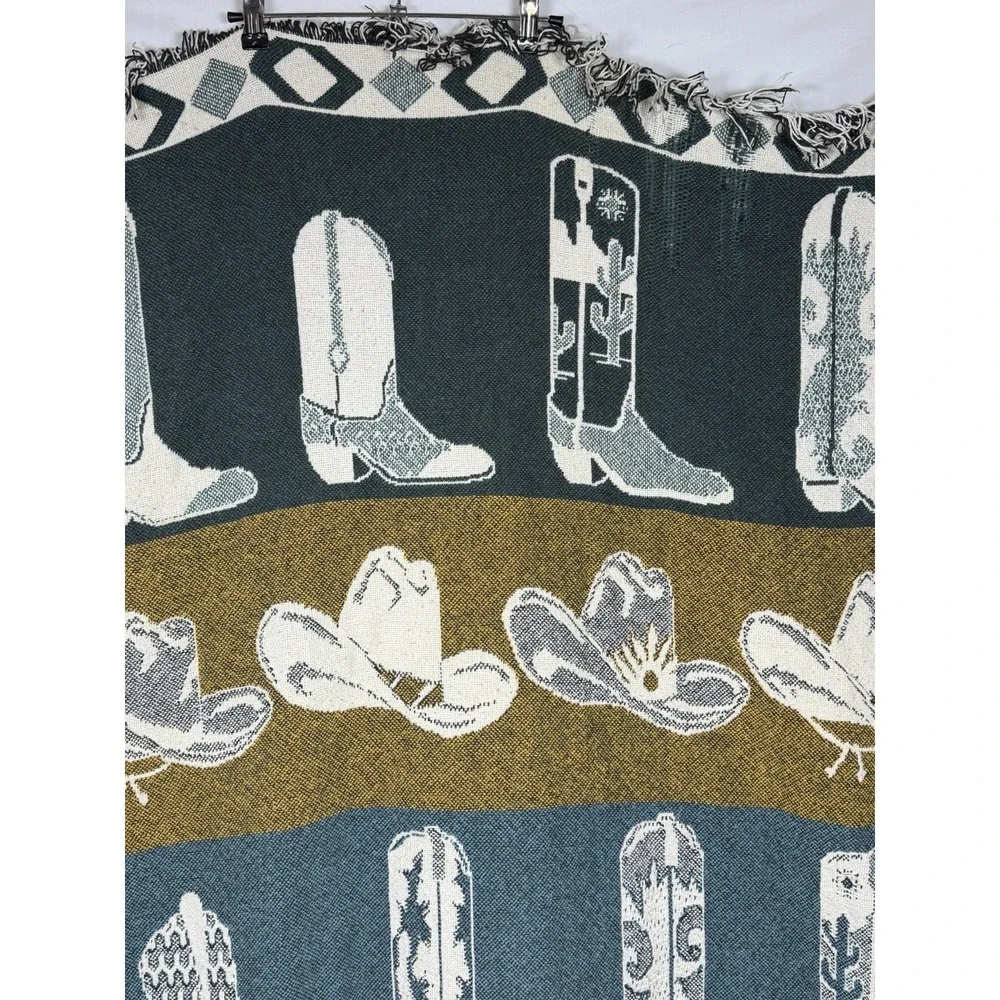 Vintage Western Cowboy Boots Tapestry Afghan Fringe Throw Cowgirl Ranch Decor
